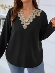 SHEIN LUNE Plus Guipure Lace Blouse - Black - View 4