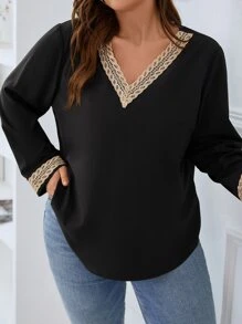 SHEIN LUNE Áo sơ mi Plus Size Tương phản ren màu trơn Giải trí - màu đen - Xem 5