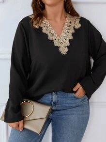 SHEIN LUNE Plus Guipure Lace Blouse - Black - View 5