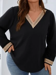 SHEIN LUNE Áo sơ mi Plus Size Tương phản ren màu trơn Giải trí - màu đen - Xem 6