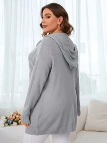 SHEIN LUNE Plus Drop Shoulder Double Pocket Cable Knit Hooded Duster Cardigan - Grey - View 2