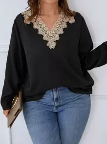 SHEIN LUNE Plus Guipure Lace Blouse - Black - View 7