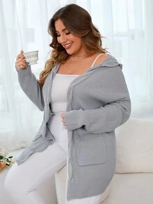 SHEIN LUNE Plus Drop Shoulder Double Pocket Cable Knit Hooded Duster Cardigan - Grey - View 6