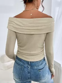 SHEIN Privé Off Shoulder Fold Over Ruched Slim Tee - Apricot - View 2