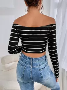 SHEIN Essnce Áo thun nữ Sọc Giải trí - màu đen - Xem 2