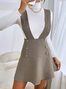 SHEIN Frenchy 1入組雙排釦背帶半身裙 - 卡其色 - 查看 1