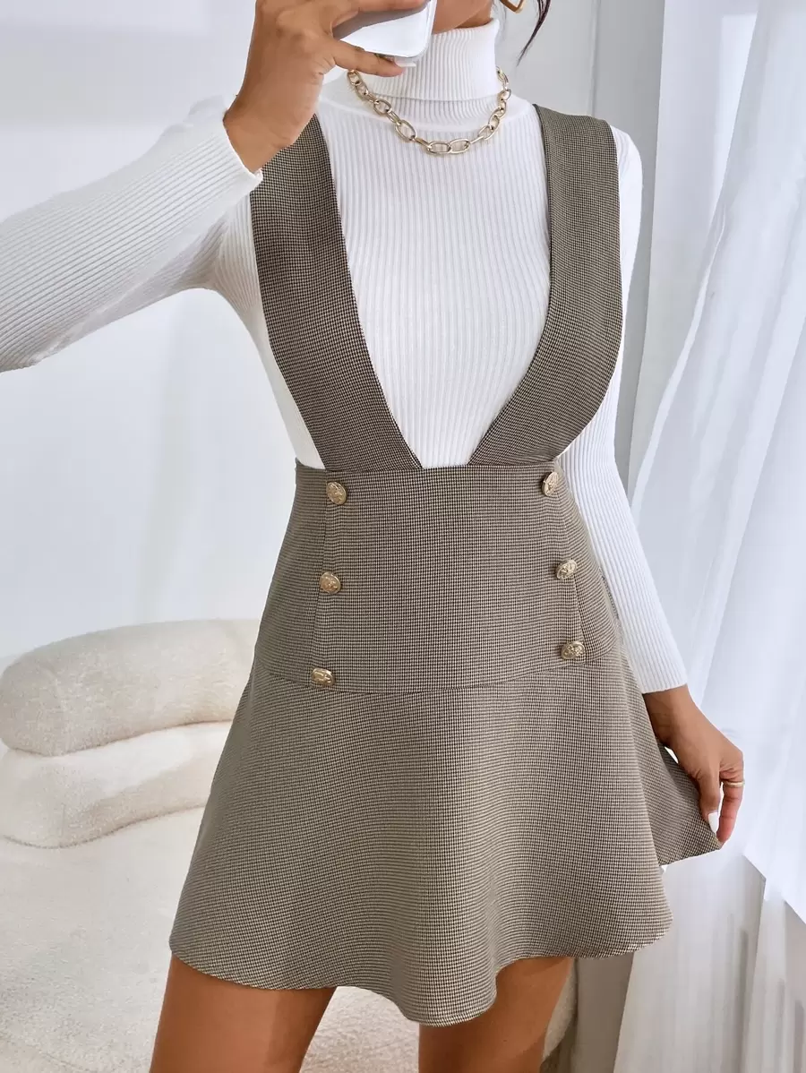 SHEIN Frenchy 1入組雙排釦背帶半身裙 - 卡其色 - 查看 1