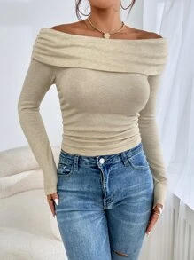 SHEIN Privé Off Shoulder Fold Over Ruched Slim Tee - Apricot - View 5