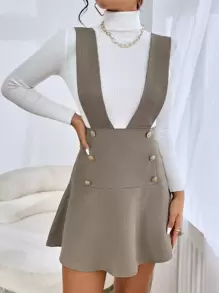 SHEIN Frenchy 1入組雙排釦背帶半身裙 - 卡其色 - 查看 4