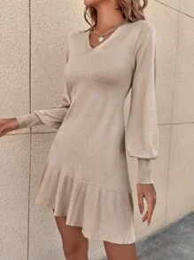 SHEIN LUNE Vestido de punto de manga obispo bajo con fruncido - Albaricoque - Ver 1