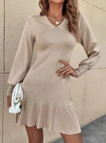 SHEIN LUNE Vestido de punto de manga obispo bajo con fruncido - Albaricoque - Ver 4