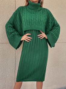 SHEIN Essnce Turtleneck Drop Shoulder Cable Knit Jumper & Jumper Dress - Green - View 1