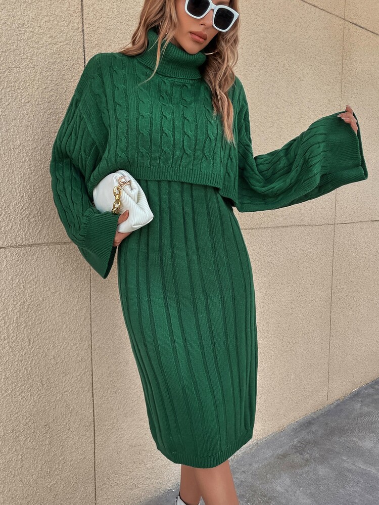 SHEIN Essnce Turtleneck Drop Shoulder Cable Knit Sweater & Sweater Dress - Green - View 5