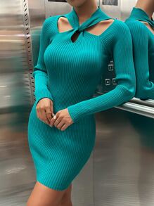 Cut Out Twist Front Ribbed Knit Jumper Dress - Teal Blue - View 4
