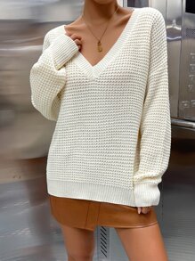 Drop Shoulder Waffle Knit Jumper - Beige - View 1
