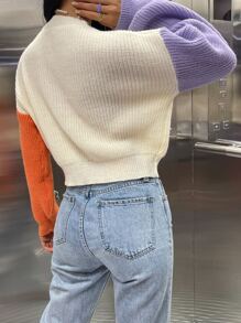 SHEIN Unity 贴花撞色落肩针织套头衫，秋冬款 - 杏色 - 查看 2