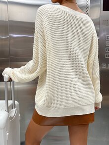 Drop Shoulder Waffle Knit Jumper - Beige - View 2
