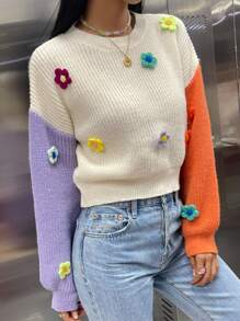 SHEIN Unity 贴花撞色落肩针织套头衫，秋冬款 - 杏色 - 查看 3