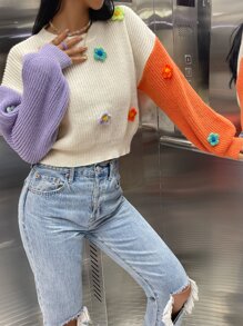 SHEIN Unity 贴花撞色落肩针织套头衫，秋冬款 - 杏色 - 查看 4