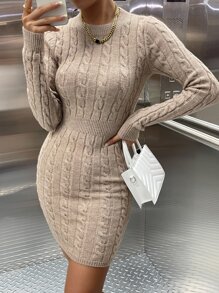 Cable Knit Cut Out Back Sweater Dress - Khaki - View 3