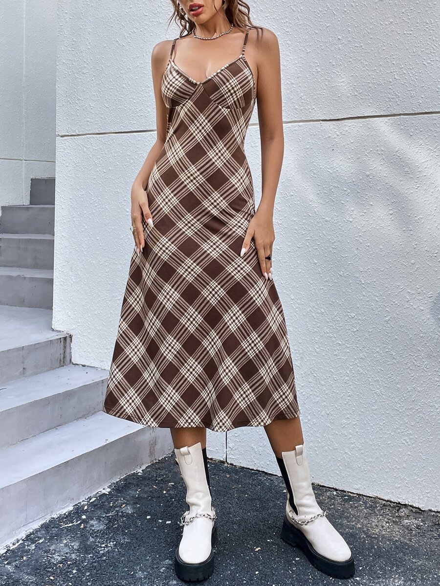 SHEIN EZwear Váy dài họa tiết kẻ caro thường ngày cho nữ - Nhiều màu - Xem 1