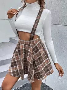 SHEIN Qutie 格紋印花後背十字交叉背帶半身裙無毛衣 - 棕色 - 查看 1