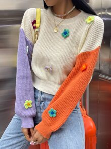 SHEIN Unity 贴花撞色落肩针织套头衫，秋冬款 - 杏色 - 查看 6