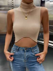 SHEIN Essnce 高領短款背心針織上衣 - 杏色 - 查看 6