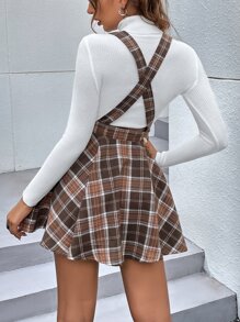 SHEIN Qutie 格紋印花後背十字交叉背帶半身裙無毛衣 - 棕色 - 查看 2