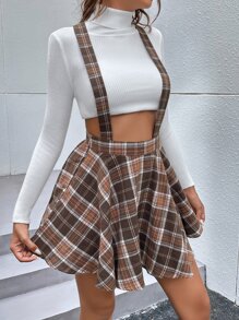 SHEIN Qutie 格紋印花後背十字交叉背帶半身裙無毛衣 - 棕色 - 查看 5