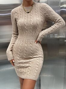 Cable Knit Cut Out Back Sweater Dress - Khaki - View 6