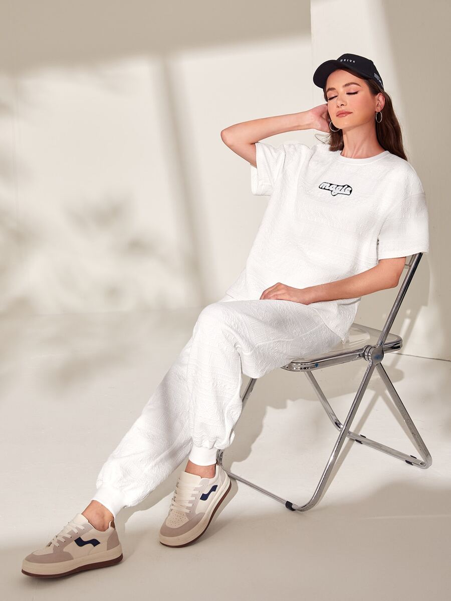 Mulvari Letter Graphic Drop Shoulder Tee & Joggers Set - White - View 1