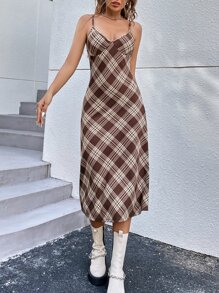 SHEIN EZwear Váy dài họa tiết kẻ caro thường ngày cho nữ - Nhiều màu - Xem 3