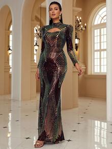 Missord Mock Neck Cut Out Front Sequin Prom Dress - Multicolor - View 3