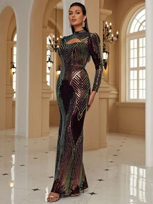 Missord Mock Neck Cut Out Front Sequin Prom Dress - Multicolor - View 5