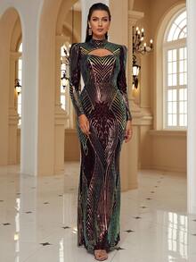 Missord Mock Neck Cut Out Front Sequin Prom Dress - Multicolor - View 6