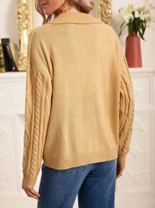 Jersey de hombros caídos tejido de cable - Caqui - Ver 2