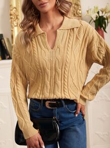 Jersey de hombros caídos tejido de cable - Caqui - Ver 4