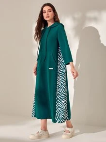 Mulvari 斑馬紋落肩袖抽繩連帽連衣裙 - 墨綠色 - 查看 1
