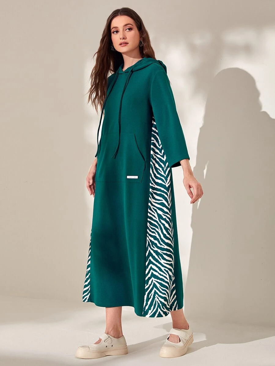 Mulvari 斑馬紋落肩袖抽繩連帽連衣裙 - 墨綠色 - 查看 1