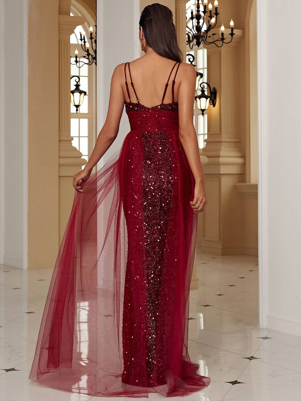 Missord Contrast Sequin Mesh Overlay Formal Dress