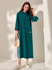 Mulvari 斑馬紋落肩袖抽繩連帽連衣裙 - 墨綠色 - 查看 3