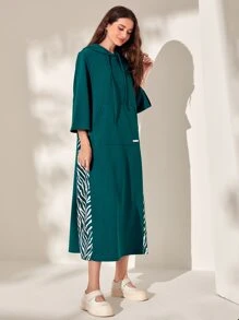 Mulvari 斑馬紋落肩袖抽繩連帽連衣裙 - 墨綠色 - 查看 5