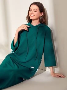 Mulvari 斑馬紋落肩袖抽繩連帽連衣裙 - 墨綠色 - 查看 2