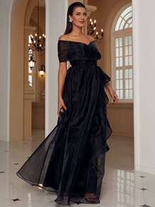 Missord Off Shoulder Ruffle Trim Split Thigh Dress - Black - View 4