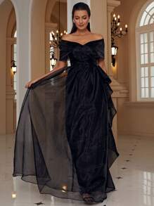 Missord Off Shoulder Ruffle Trim Split Thigh Dress - Black - View 6