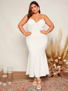 SHEIN Belle Plus Contrast Lace Mermaid Hem Bustier Wedding Dress - White - View 3