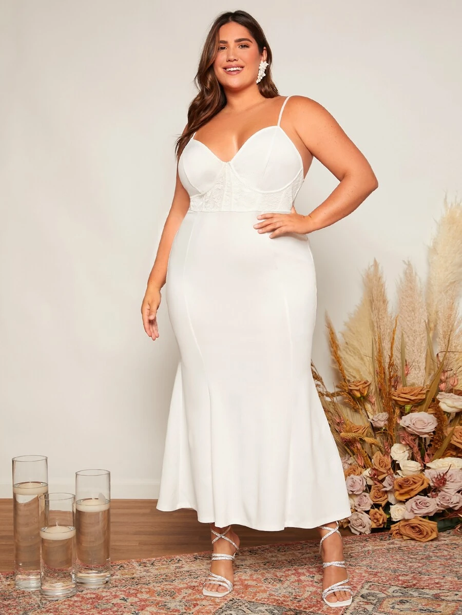 SHEIN Belle Plus Contrast Lace Mermaid Hem Bustier Wedding Dress - White - View 1