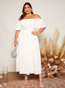 SHEIN Belle Plus Off Shoulder Flutter Sleeve Wedding Dress - White - View 3