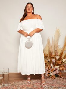 SHEIN Belle Plus Off Shoulder Flutter Sleeve Wedding Dress - White - View 4